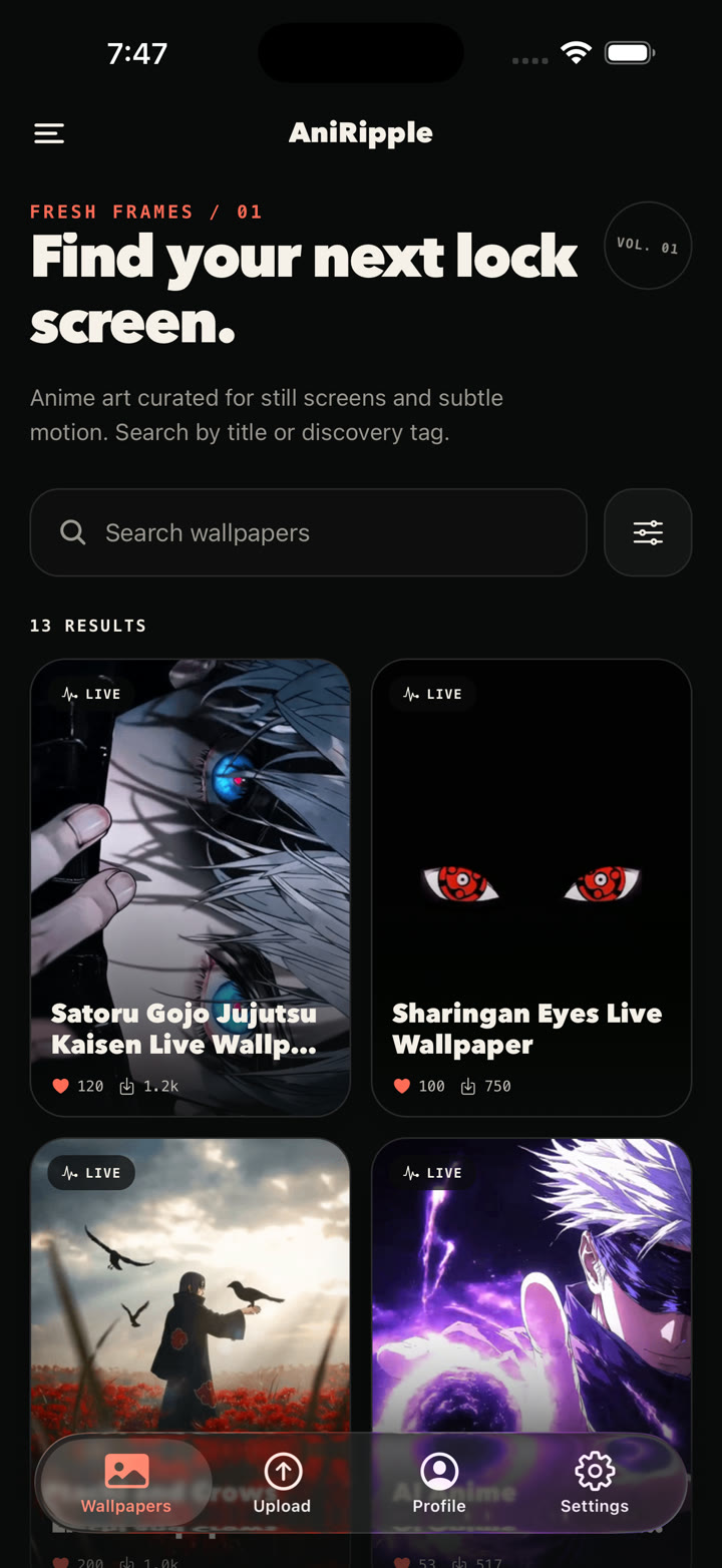 AniRipple wallpaper discovery screen