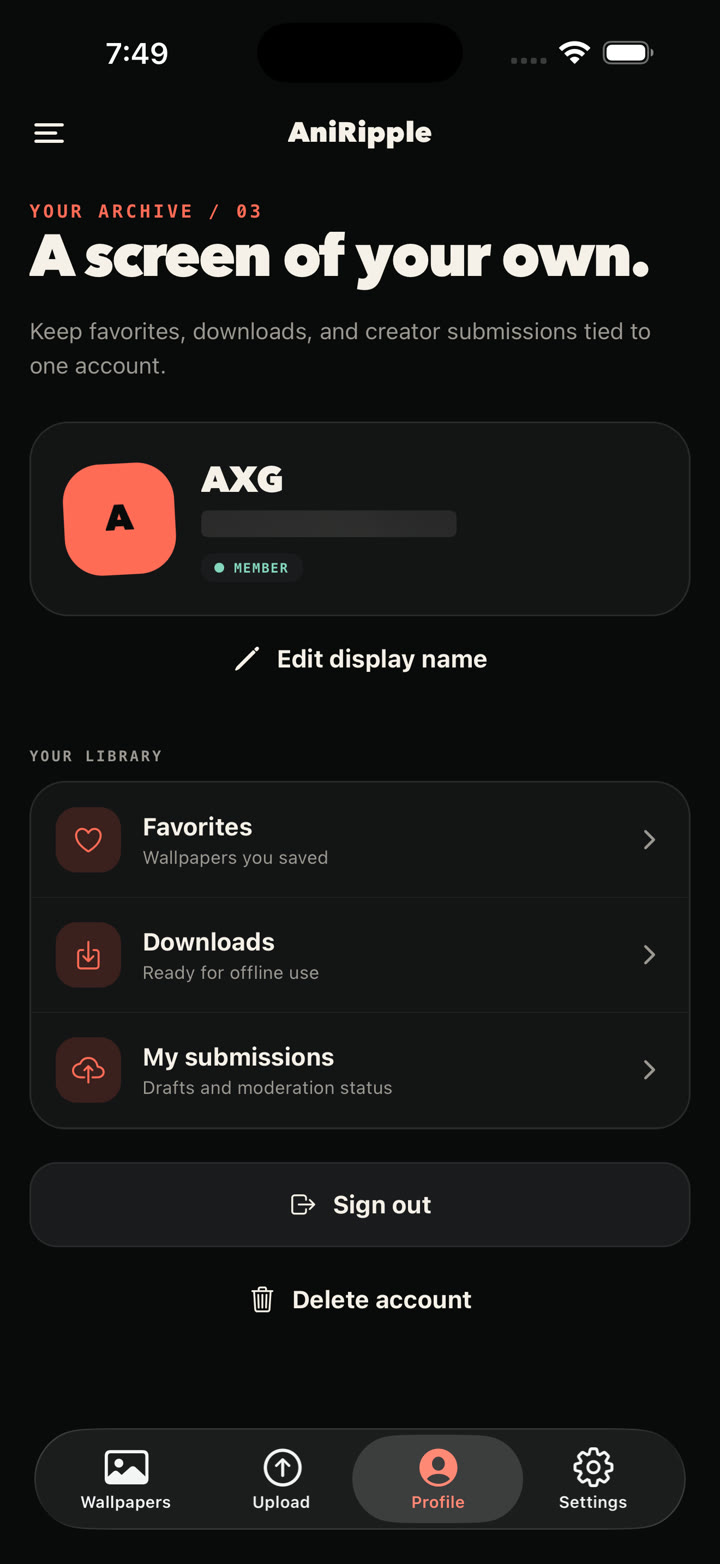 AniRipple profile screen